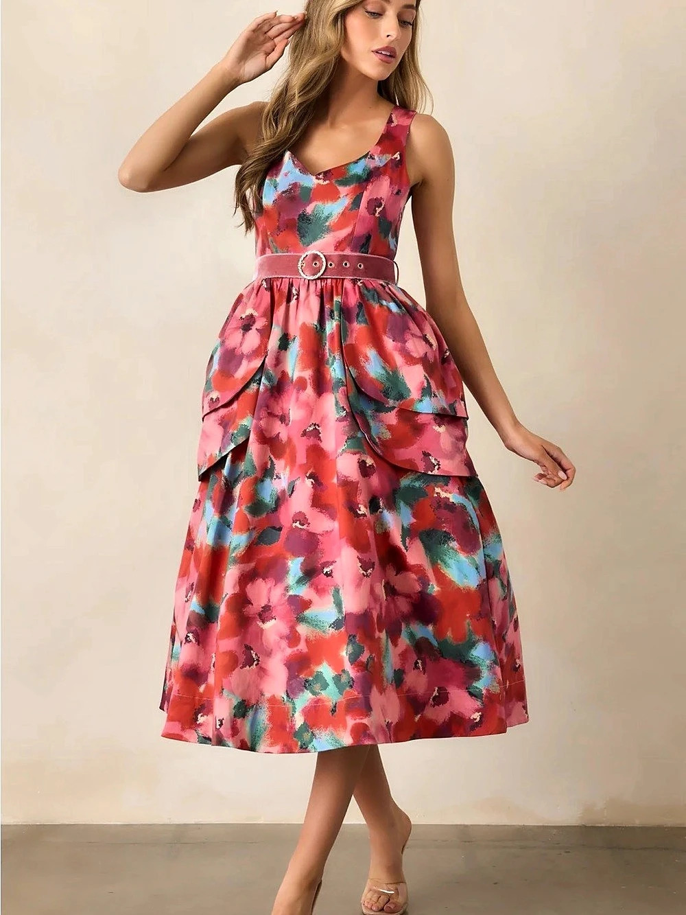 PROSPERINA DIANA PINK MULTI FLORAL PRINT COTTON BELTED MIDI DRESS